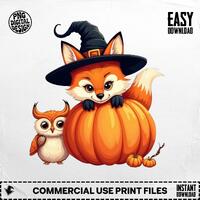 Whimsical Fox Halloween Art Cute Owl Digital Print Orange Pumpkin Design Spooky Season Image Kid Roo