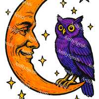 Moon and Owl T-Shirt, Hand-Drawn Crescent Moon Face & Purple Owl with Stars,Night Sky Unisex Shi
