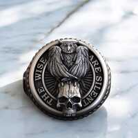 Sterling Silver Owl Skull Ring, Masonic Signet, Memento Mori