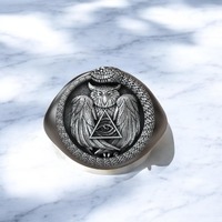 Sterling Silver Owl Ring, Ouroboros Snake, All Seeing Eye, Masonic Signet