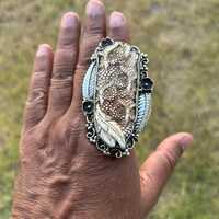 Hand-Carved Buffalo Bone Owl Ring | Adjustable Sterling Silver Overlay