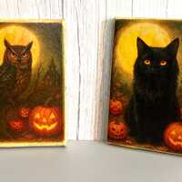 Black Cat & Owl Halloween Mini Canvases, Halloween Shelf Sitter, Halloween Mantel Decor, Hallowe