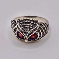 Owl Ring Italian Bird Sterling  Red Stone Vintage