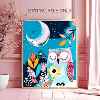 Whimsical Owl Wall Art Print Nursery Animal Digital Poster Boho Kids Room Decor Sleepy Owl Illustrat
