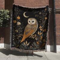 Moonlit Owl Woven Blanket &ndash; Enchanted Woodland Tapestry with Night Sky and Stars for Cozy Cott