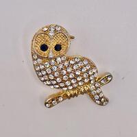 Owl Pin Brooch Bird Gold Rhinestone Jablonex Vintage