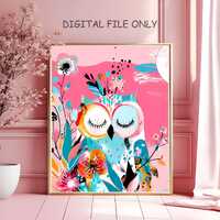 Colorful Owl Wall Art Print Nursery Digital Download Cute Animal Poster Boho Kids Room Decor Instant