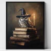 Owl and Books Print, Printable Vintage Halloween Wall Art, Dark Academia Room Decor, Moody Fall Deco