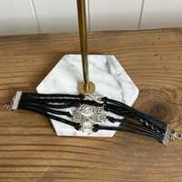 Black Multi-Strand Faux Leather Bracelet: Love, Owl & Anchor Charms