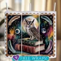 Owl Stamp Tumbler Wrap, Spirit Animal 20 Oz Skinny Tumbler Sublimation PNG, Full Moon Books Feathers
