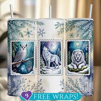 Winter Spirit Animals Tumbler Wrap, Owl Wolf Lion 20 Oz Skinny Tumbler Sublimation PNG, Snowflake Wi
