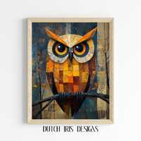 Abstract Owl on Branch in Cubist Style - Rustic Woodland Wall Art, Nature-Inspired Printable, Modern