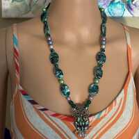 Beaded Necklace, Abalone Silver Owl Pendant