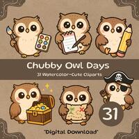 Chubby Owl Days – 31 Watercolor Cute Owl PNGs | Kawaii Animal Clipart for Goodnotes, Stickers,