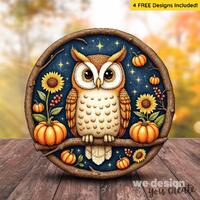 3D Fall Owl Door Hanger PNG Autumn Sublimation Design, Pumpkin Sunflower Wreath PNG, Fall Welcome Si