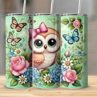 Cute Owl with Pink Bow Tumbler Design PNG, Floral Butterfly Owl Sublimation, 20oz Tumbler Wrap PNG, 
