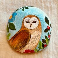 Owl Painted Rock, Whimsical Owl Stone, Colorful Bird Painting, Sealed Garden Art