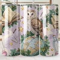 Owl Tumbler Wrap PNG: Vintage Books, Globe, Stars (Digital Download)