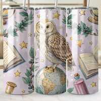 Owl Tumbler Wrap PNG: Back To School Globe Design (Seamless Pattern, Bonus PNG)