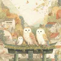 Three Gentle Owls on Torii Gate – Japanese Village Autumn Wall Art, Owl Print, Cottagecore Nat