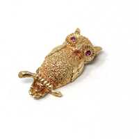 Vintage Owl Brooch - Retro Era 14k Yellow Gold Created Ruby Eyes Winged Animal Pendant - Circa 1960s
