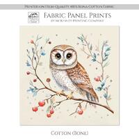 Owl Fabric, Christmas Fabric Panels, Winter, Bird, Holly, Craft, Cotton, Wall Art, Large Print, Bloc