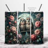 Owl Moon Floral Png, Romantic Owl Couple Png, Vintage Rose Garden Tumbler Wrap, Moody Owl Wrap, Seam