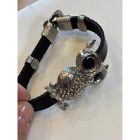 Vintage Owl Bracelet With Black Leather Strap & Silver-Toned Metal Owl Charm