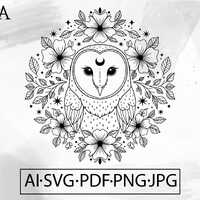 Mystical Owl with Moon and Floral Elements SVG boho celestial witchcraft tattoo design download Digi