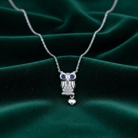 Owl With Heart Charm Pendant Necklace, Sapphire & White Round Cut CZ Stone Pendant Necklace, Bir