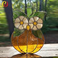 PDACE304 Pattern - Stained Glass Owl and Pumpkin Suncatcher , Halloween stained glass window decor, 