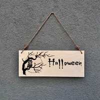 Owl Halloween Sign – Spooky Tree Wooden Wall Decor – Rustic Halloween Door Sign – 