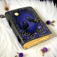 Black Owl Grimoire – Leather Book of Shadows | Witchy Spellbook | Handmade Moon Magic Journal 