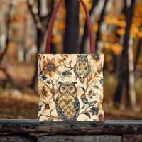 Floral Owl Tote Bag, Amber & Blue Hues in 3 Sizes + 3 Handle Colors