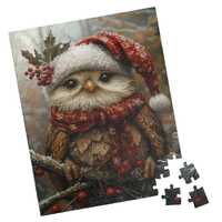 Festive Owl in a Red Scarf and Hat with a Sprig of Holly Jigsaw Puzzle, Gift for Holidays, Bithdays,