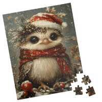 Festive Baby Owl in a Red Scarf and Hat with a Sprig of Holly Jigsaw Puzzle, Gift for Holidays, Bith