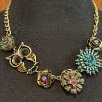 Vintage Necklace Owl Chunky Flowers ++