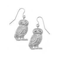 Athena Owl Earrings: Silver Plated Pewter, Sterling Silver Ear Wires, Handmade in USA. Symbol of Wis