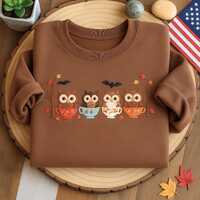 Embroidered Owl Halloween Sweatshirt: Spooky Fall Sweater, Coffee Lover Gift