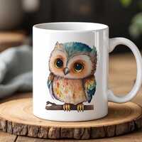 Cute Colorful Owl Mug Adorable Watercolor Owl Illustration Coffee Cup Nature Bird Lover Gift Whimsic