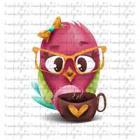 Cute Pink Owl with Coffee Cup Clipart - Adorable Nerdy Bird Wearing Glasses & Bow - Coffee Lover