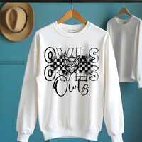 Owls Mascot Sublimation PNG – Trendy Grunge Checkered School Spirit Game Day Shirt Design for 