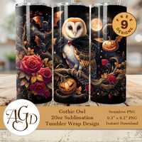 Gothic Owl Halloween Tumbler Wrap PNG | Barn Owl with Roses and Bats Sublimation Design | 20oz Skinn