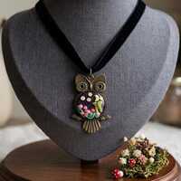 Polymer clay bronze tone owl garden scene pendant / handmade hand molded luna moth owl pendant / lun