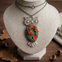 Polymer clay silver tone owl fall scene pendant / handmade hand molded autumn leaves owl pendant / f