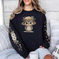 Cute Owl Sweatshirt, Autumn Bird Pullover, Floral Right Sleeve Top, Leaf Left Sleeve Apparel, Unique