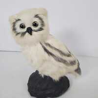 VTG Realistic Faux Fur Owl Figurine on Rock Base with Glass Eyes Woodland Cottagecore Rustic Bird St
