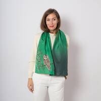 Owl Hand Painted Green Silk Scarf Winter Shawl Bird Lover Gift Xmas Gift 52X14