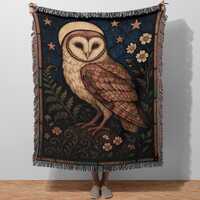 Barn Owl Blanket, Stained Glass Style Moon Stars Throw, Night Sky Woven Cotton Tapestry Quilt Home D
