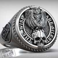 Owl Skull Signet Ring, Freemason Jewelry, Masonic Compass, Gothic Statement, Handmade Silver Band, S